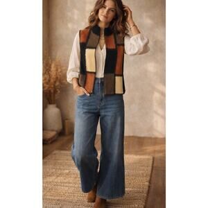 Vintage Artisan Leather Suede Patchwork Vest Boho 90s Zip Designer Studio M